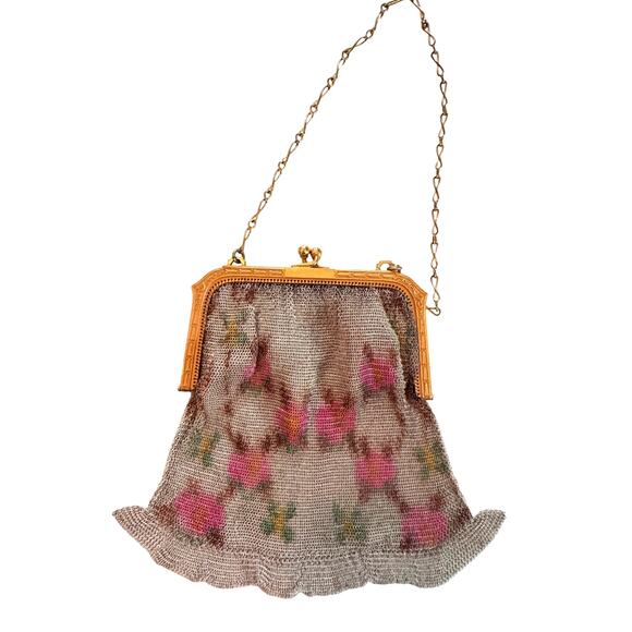 Whiting Davis Antique Mesh Purse White Flower Print 1920s Vintage Bag - Picture 3 of 10